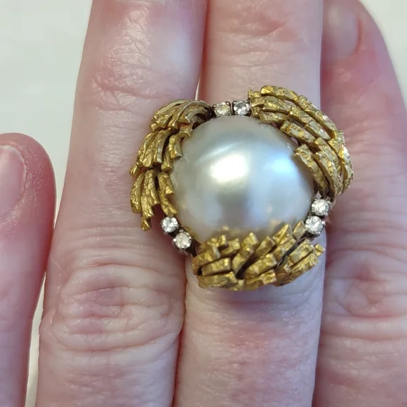 Mabe pearl 18kt Yellow Gold Ring, diamonds, estate Ring vintage - Picture 6 of 16
